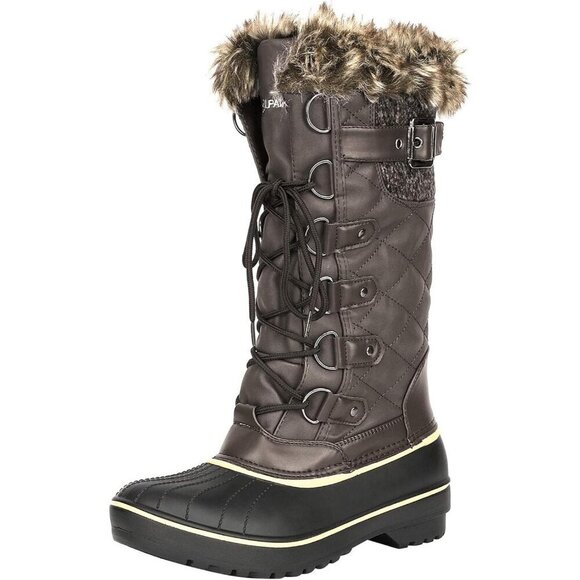 Shoes - Women's Brown Warm Faux Fur Lined Mid Calf Winter Snow Boots